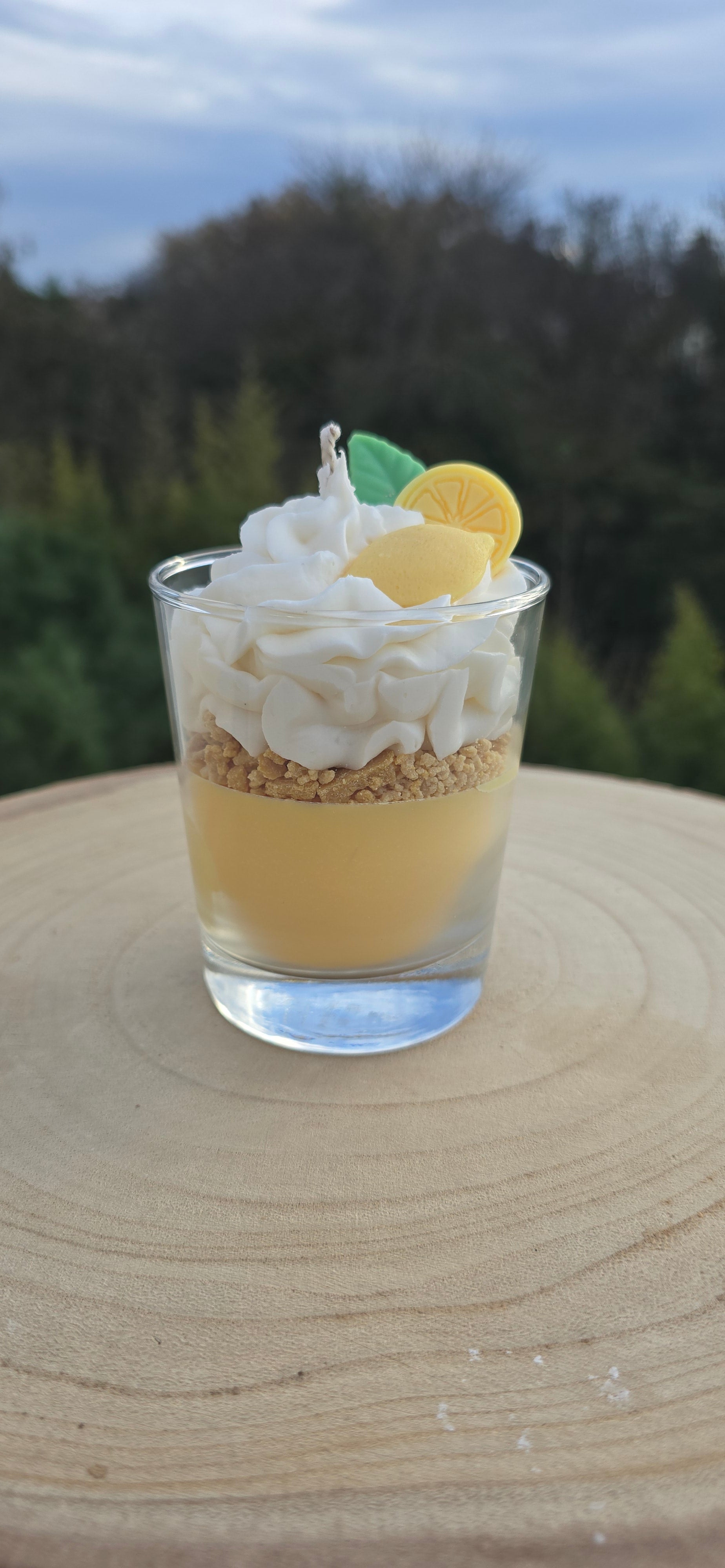 Bougie artisanale citron meringué photographiée en extérieur sur un rondin de bois, avec un arrière-plan naturel flou d'arbres et de ciel.