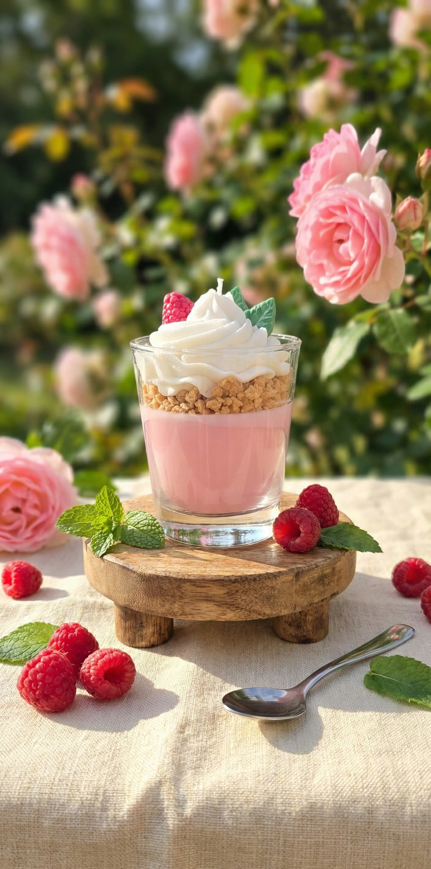 Bougie artisanale trompe-l'œil façon crumble framboise sur support en bois dans un jardin fleuri, entourée de roses et de fruits frais.