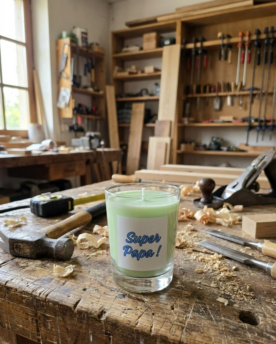 Bougie verte "Super Papa" posée sur un établi de menuiserie rustique entourée d'outils et de copeaux de bois, idée cadeau fête des pères